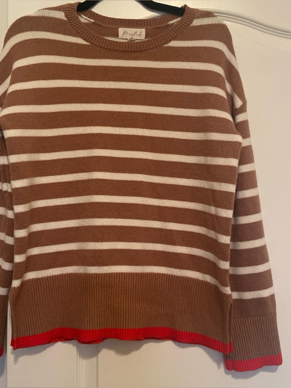 Marled Brown and White Striped Crewneck Sweater with Red Trim